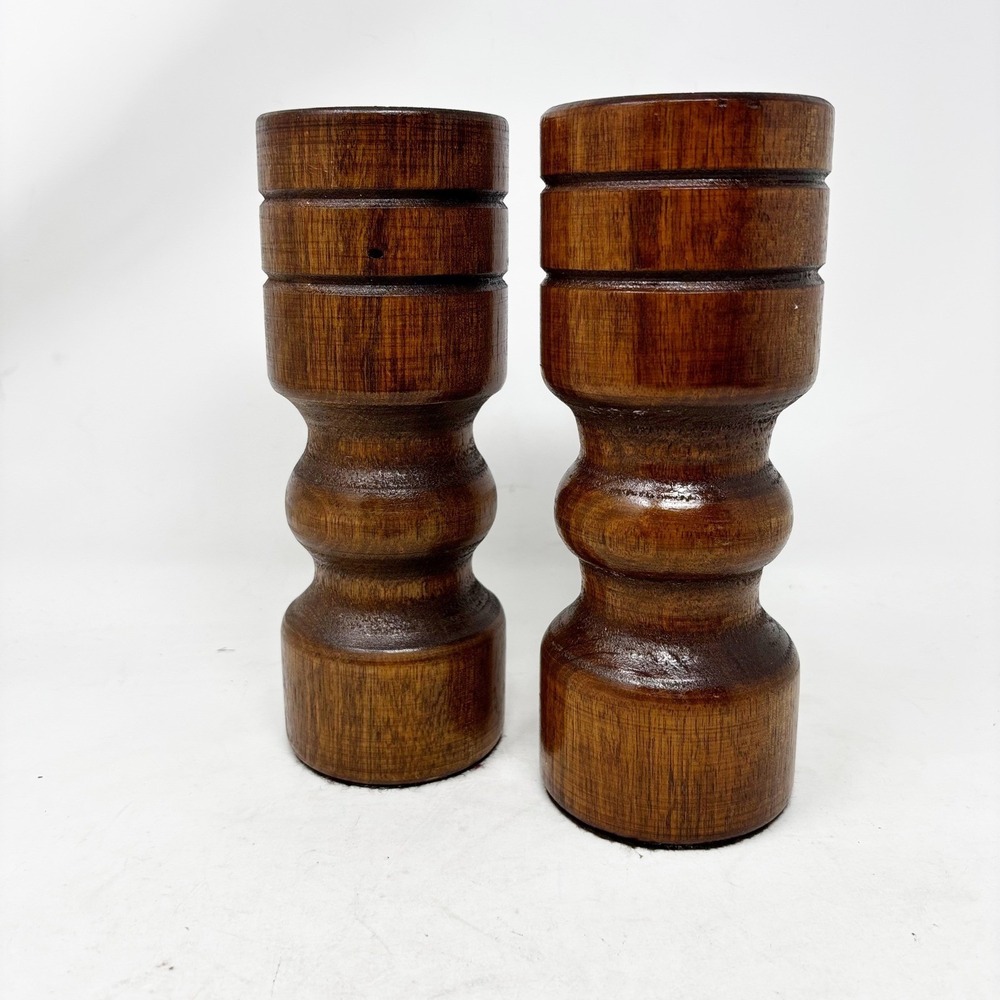 Mid Century Modern Turned Wood Candlestick Holders Vintage Decor Pair Dark Tone